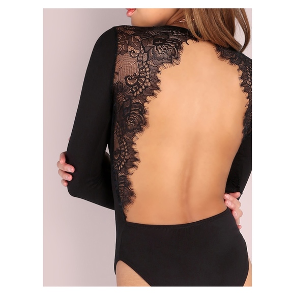 Black Long Sleeve Backless Lace Details Bodysuit - Picture 4 of 6